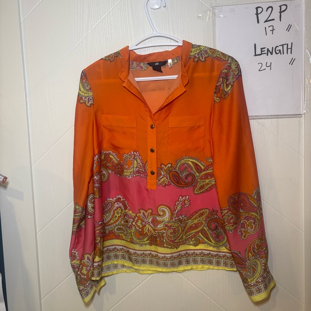 H&M Orange Pink Paisley‎ Boho Blouse Long Sleeve Button Up Vacation  Top Sz 2